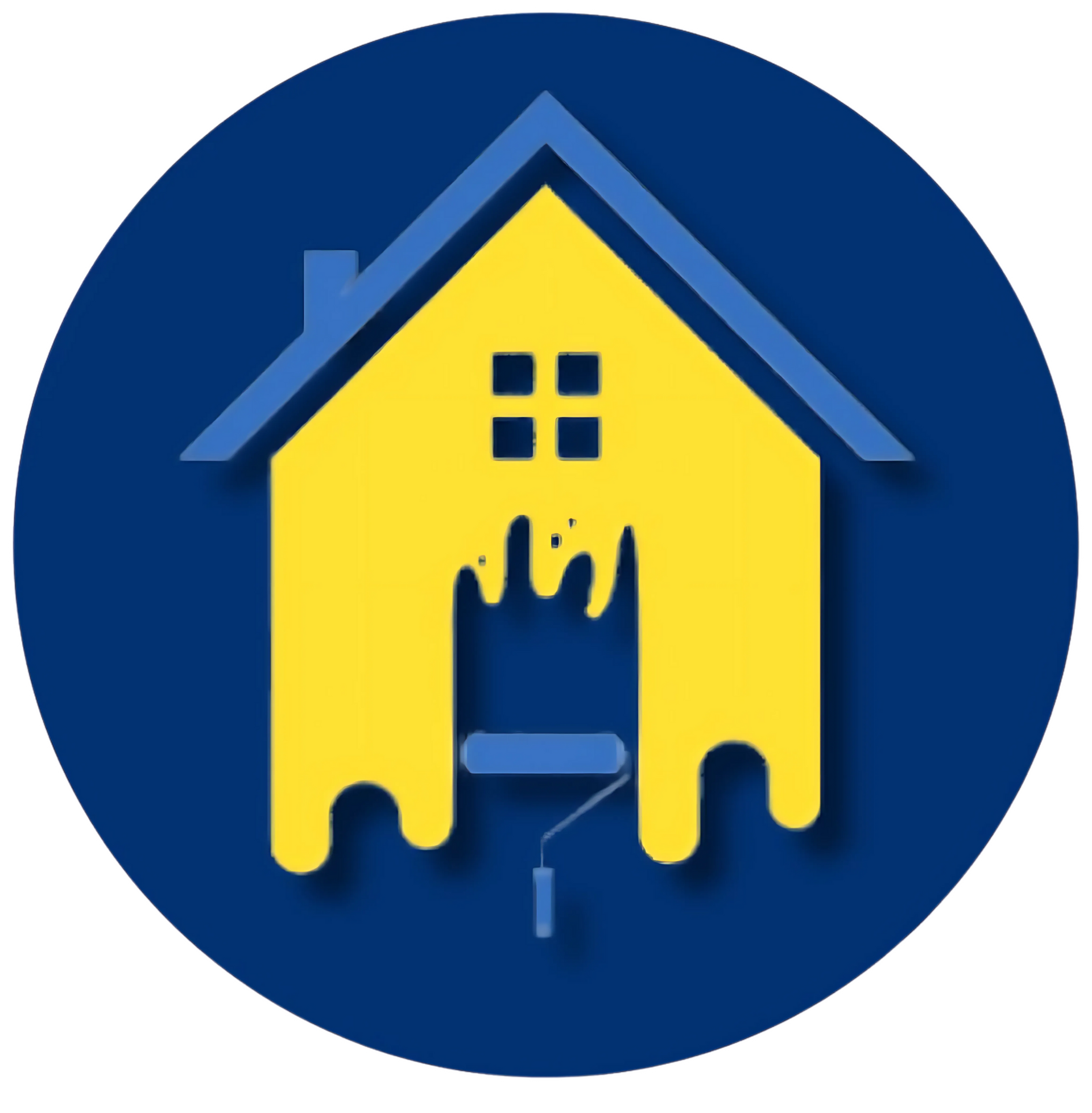 A blue circle with a yellow house painted on it