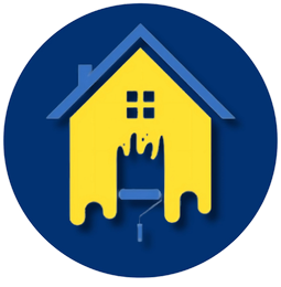 A blue circle with a yellow house painted on it