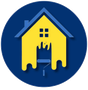 A blue circle with a yellow house painted on it