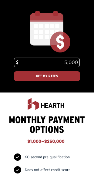 A screenshot of a website that says hearth monthly payment options