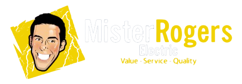 A yellow and white logo for mister rogers electric