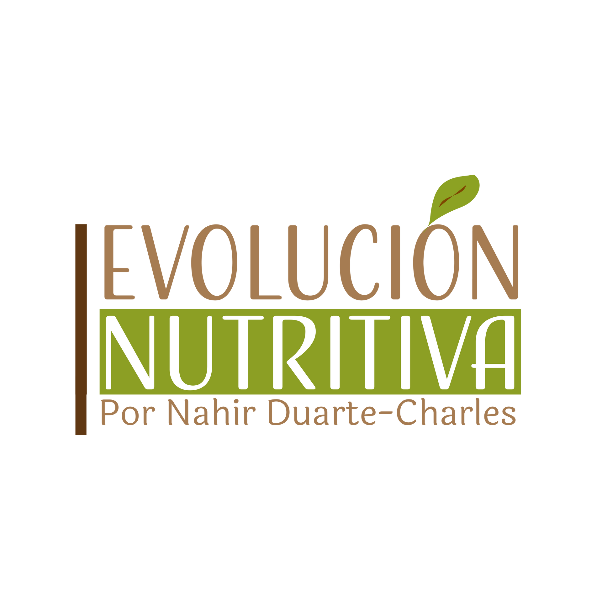 Logo de “Evolución Nutritiva” en marrón y verde, con una hoja y el texto “Por Nahir Duarte-Charles”
