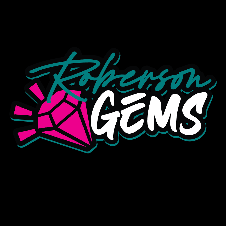 Rockerson Gems logo with neon pink gem and teal-and-white script on black background