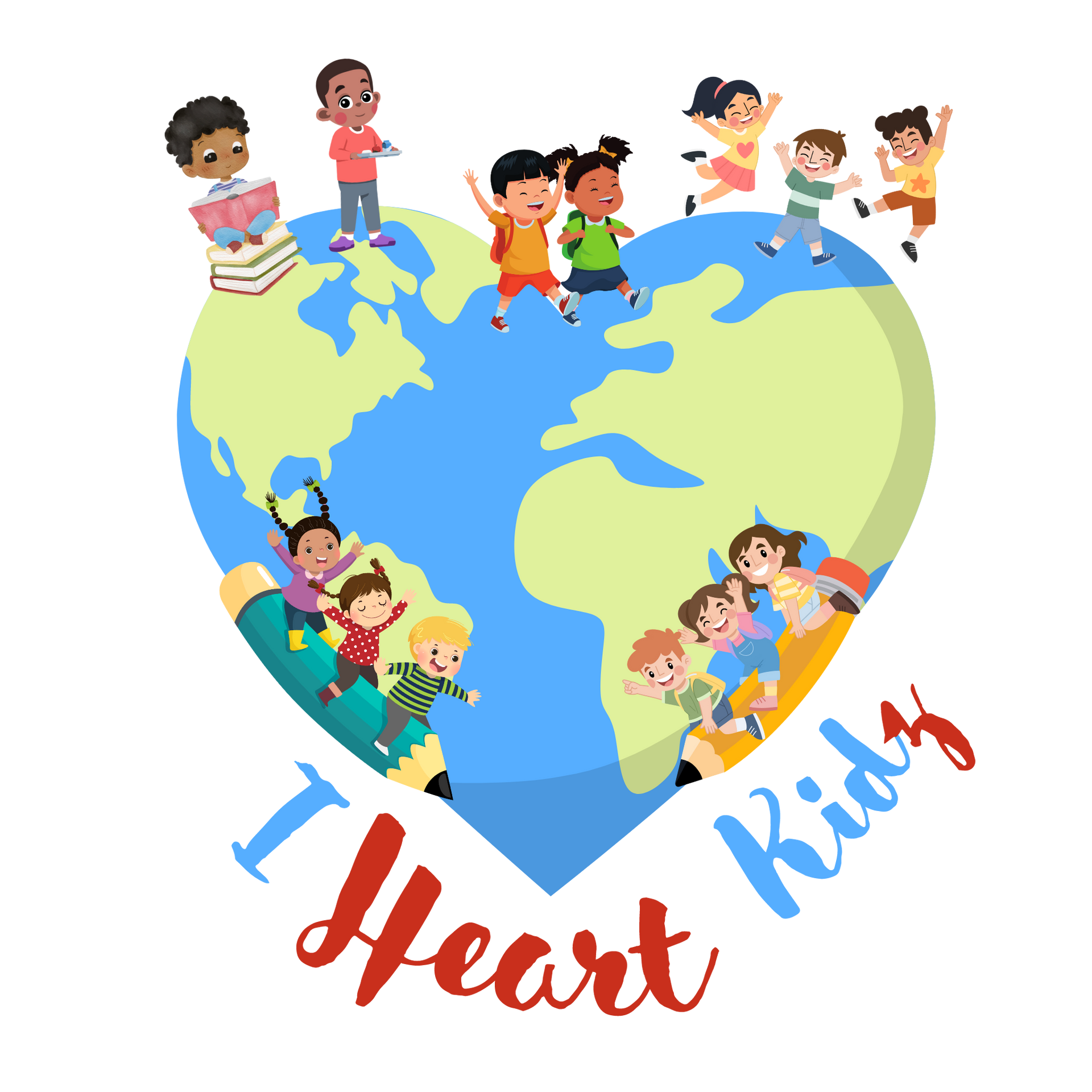 Children around a blue-green heart globe with the text “I heart kids”