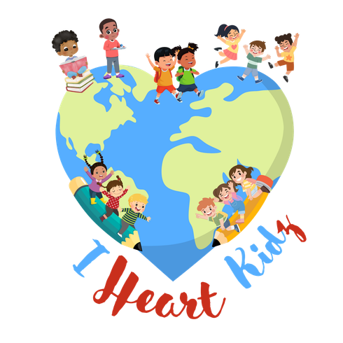 Children around a blue-green heart globe with the text “I heart kids”