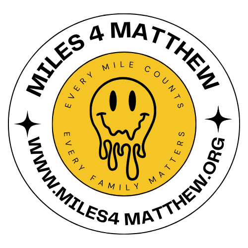 Miles 4 Matthew logo: black circular text around a yellow melting smiley face with stars and “Every Mile Counts” tagline