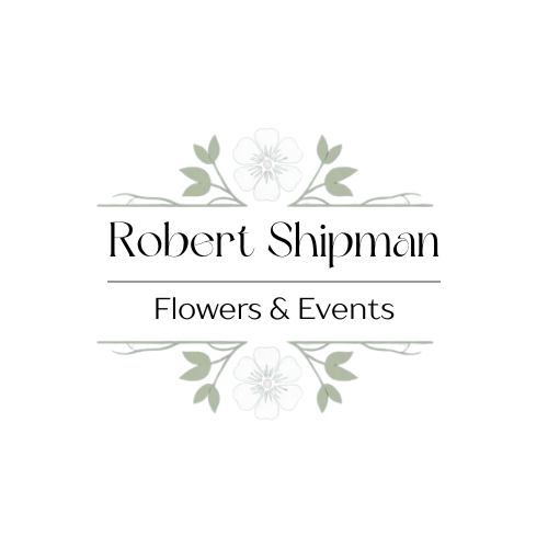 Robert Shipman Flowers & Events logo with gray floral motifs and green leaves