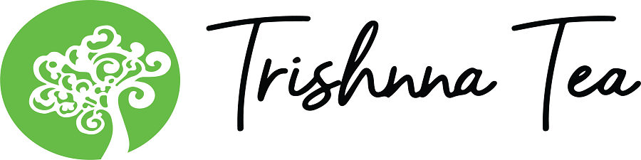 Trishuna Tea logo with green tea leaf emblem and stylized black text on a white background