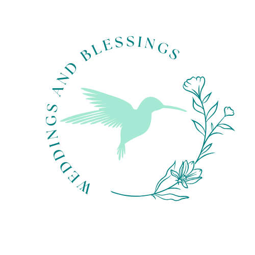 Mint hummingbird logo with floral wreath and the words “Weddings and Blessings”