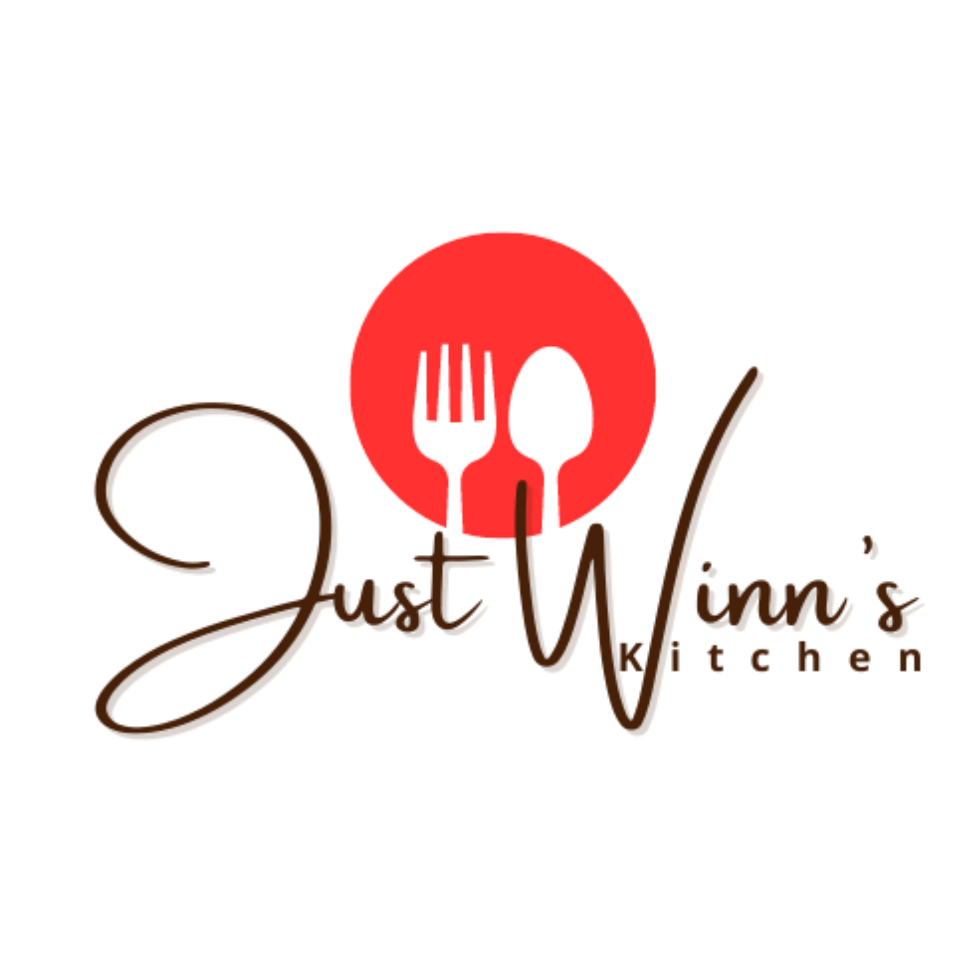 Just Winn’s Kitchen logo with a red circle, white fork and spoon, and cursive brown text