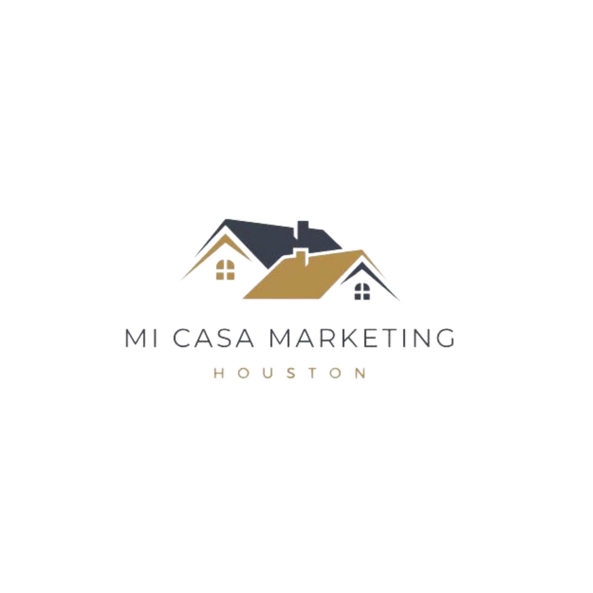 Mi Casa Marketing Houston logo with gold and navy house roof icon on white background
