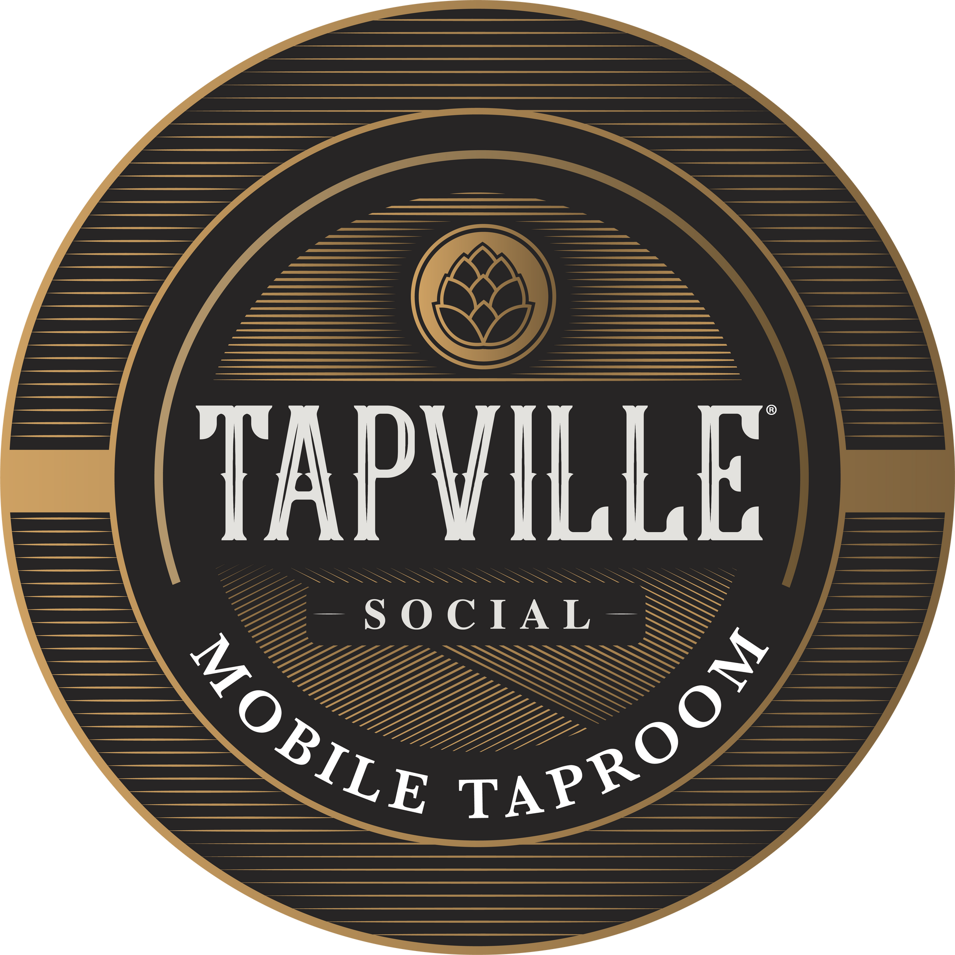 Tapville Social Mobile Taproom logo in black, gold, and white circular design.