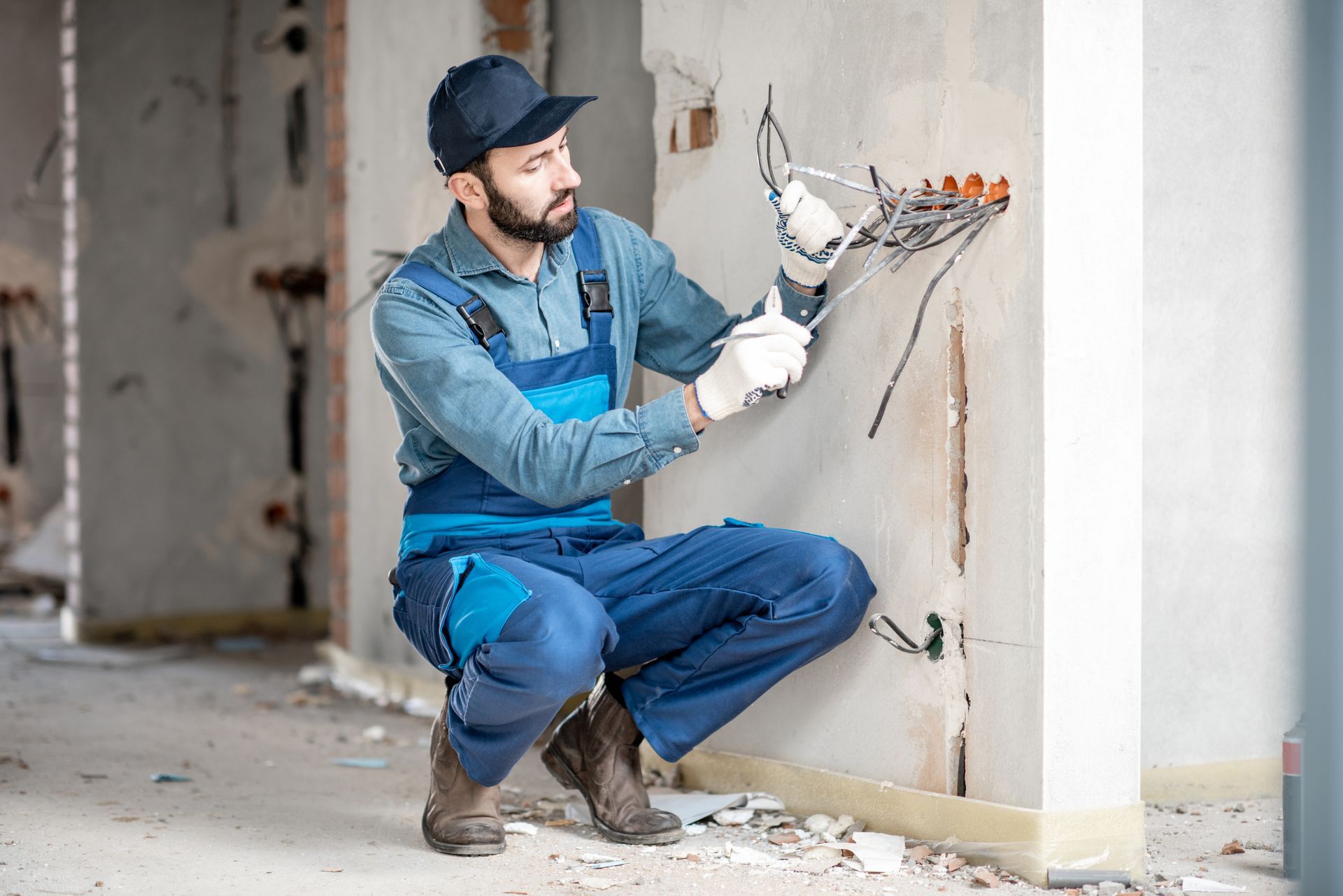 Electrician carefully installing electrical wiring for sockets at an indoor construction site in a new building.