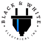 Logo for Black & White Electrical Inc., featuring a black electrical plug with a blue vertical stripe, encircled by company name.