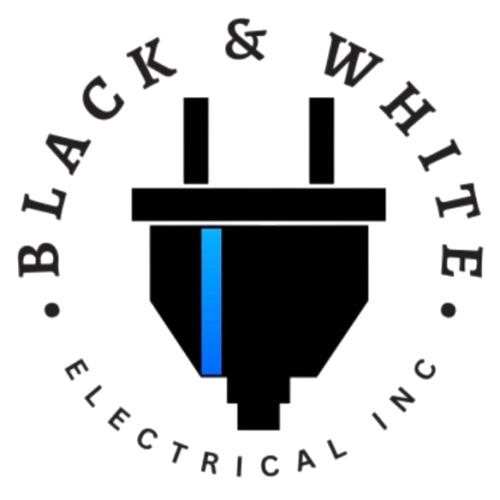 Logo for Black & White Electrical Inc., featuring a black electrical plug with a blue vertical stripe, encircled by company name.