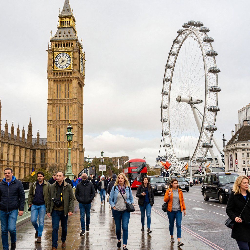 Big Ben clock tower and London Eye with pedestrians and traffic on a bridge.