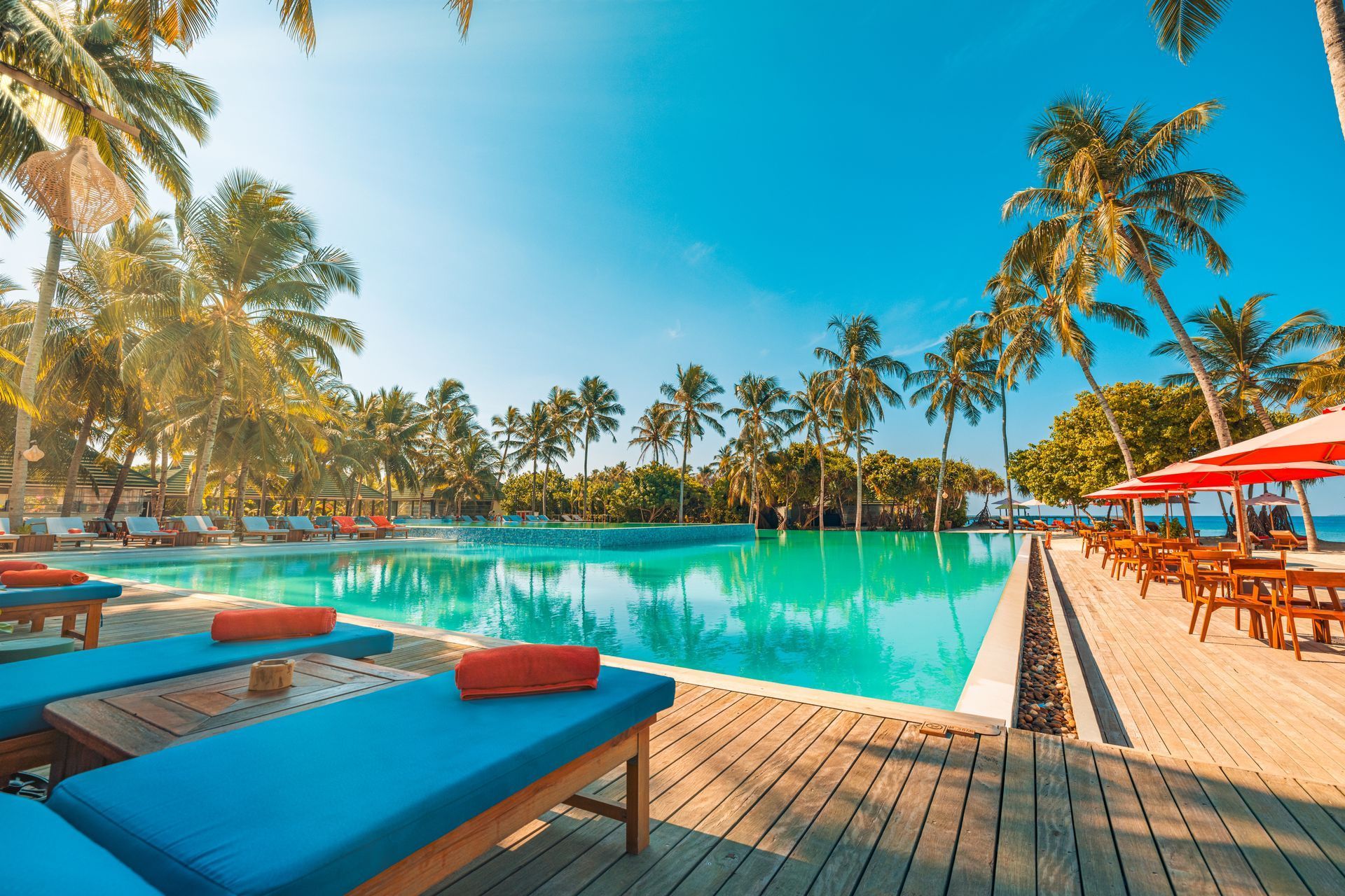 Poolside scene with turquoise water, palm trees, and blue lounge chairs under a bright sky.