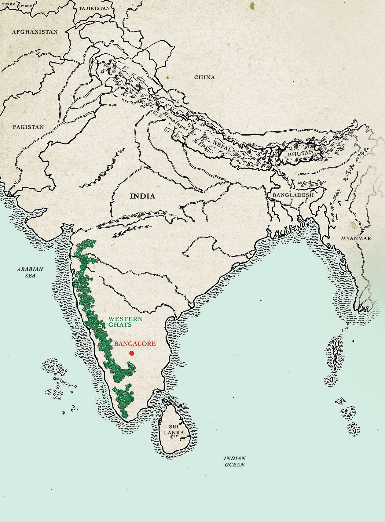 Map showing the Western Ghats, a mountain range snaking up the southwest coast of India. 