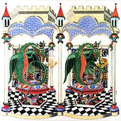 Stereo image pair featuring the letter ‘G’. A dramatic medieval dragon and castle fantasy © Carolyn Gast 1990