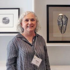 Diane with two of her works in a group exhibit put on by the GNSI Great Lakes Chapter in April of 2016, at the Brushwood Center at Ryerson Woods in Riverwoods, IL. Photo © Karen Johnson.