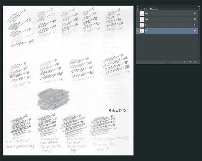 Non-photo pencil test sheet with blue channel selected, i.e., blue lines filtered out.