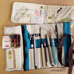 Sketch roll tool kit with contents and sketch of traditional candle making process. by Gretchen Kai Halpert