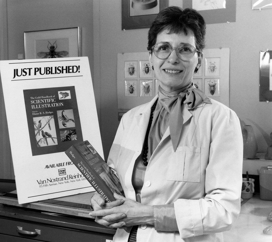 Elaine poses for a publicity photo in her office after the release of the first edition on the Guild Handbook of Scientific Illustration, 1989. ©Smithsonian Institution