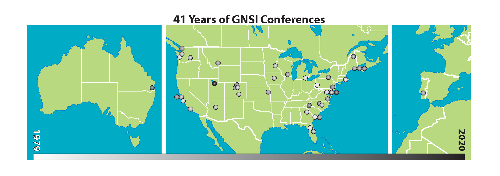 Map locations of 41 years of GNSI Conferences