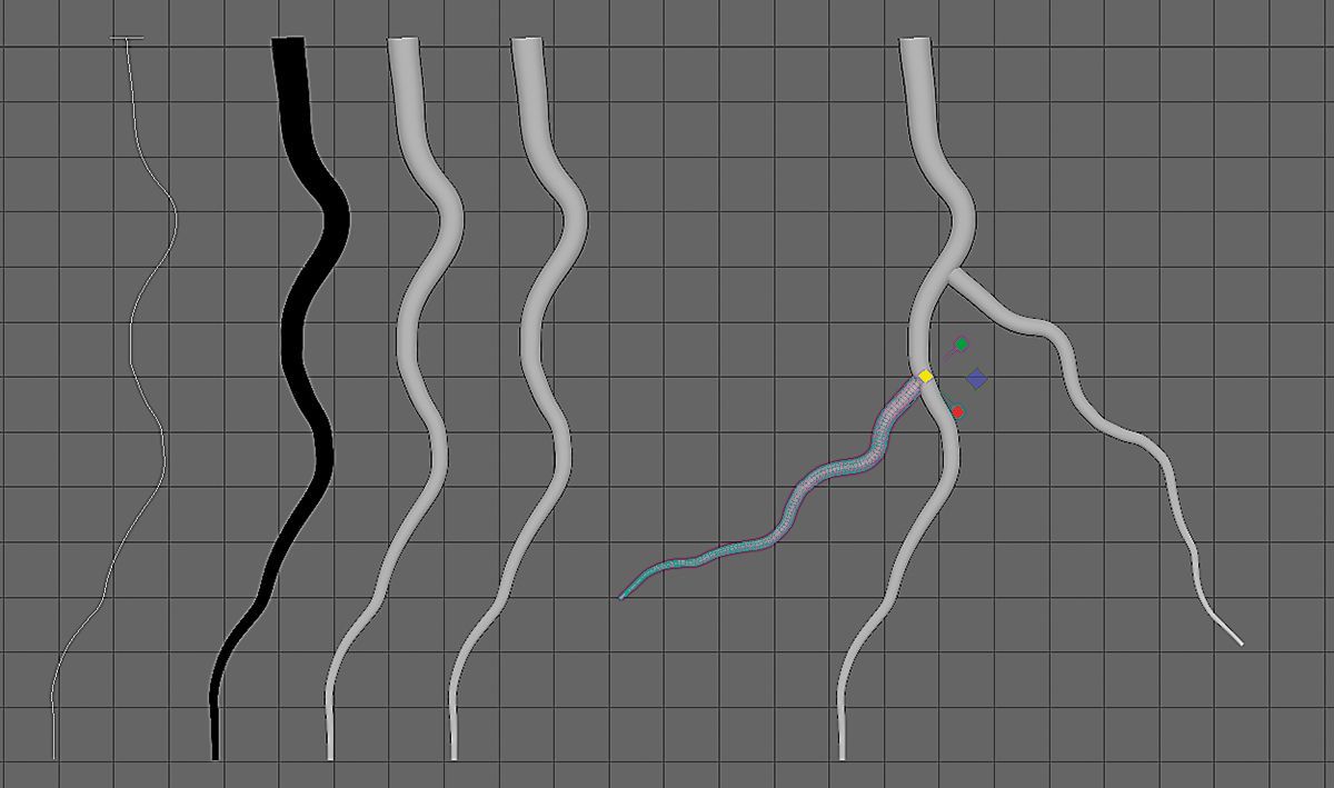 Create a taproot from a drawn curve and a circle primative extruded along the curve; then duplicate, resize and repostion root copies
to expand the root system.