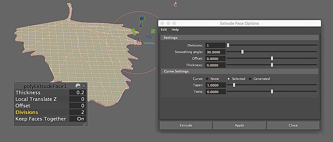 Extrude the two-dimensional (2D) planar leaf model into the third dimension.