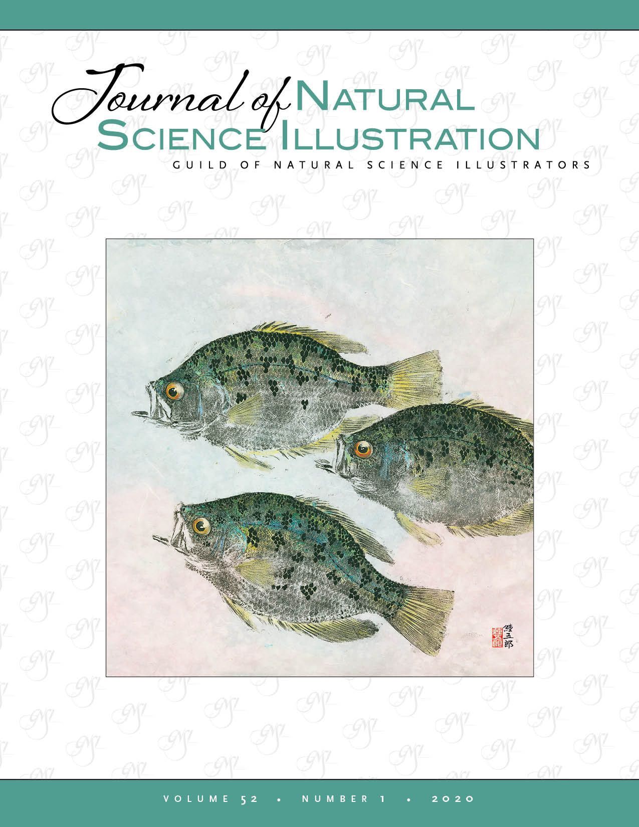 Journal of Nature Science Illustrators Vol. 52, No. 1 - Cover image Lake Champlain black crappie group, Pomoxis nigromaculatus. Chokusetsu-ho Gyotaku. © 2020 Stephen DiCerbo