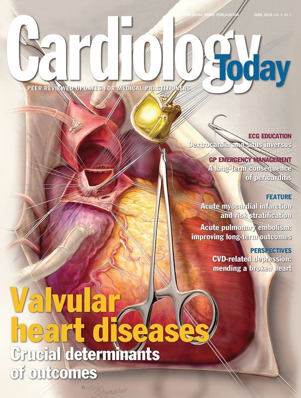 Cover of Cardiology Today, depicting an aortic valve replacement surgery.  © Mesa Schumacher