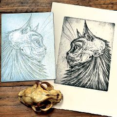 Final print along with the etching plate and cat skull © 2024 Caroline Erolin.