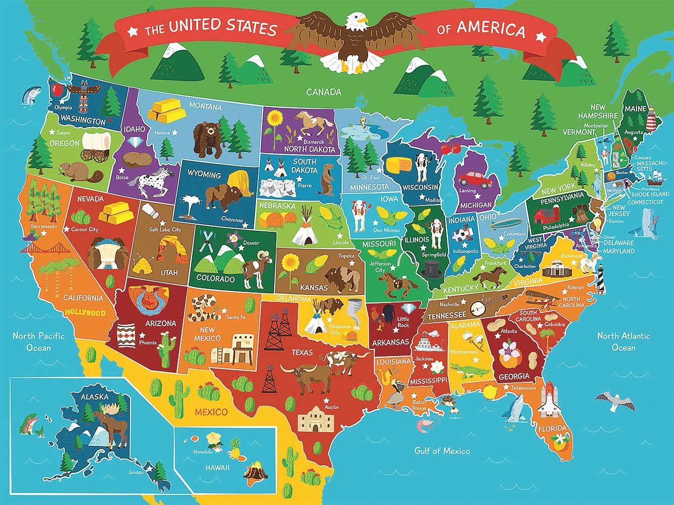 Graphic map of North America with stylized animals
