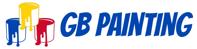 A logo for gb painting with a yellow , red , and blue bucket of paint.