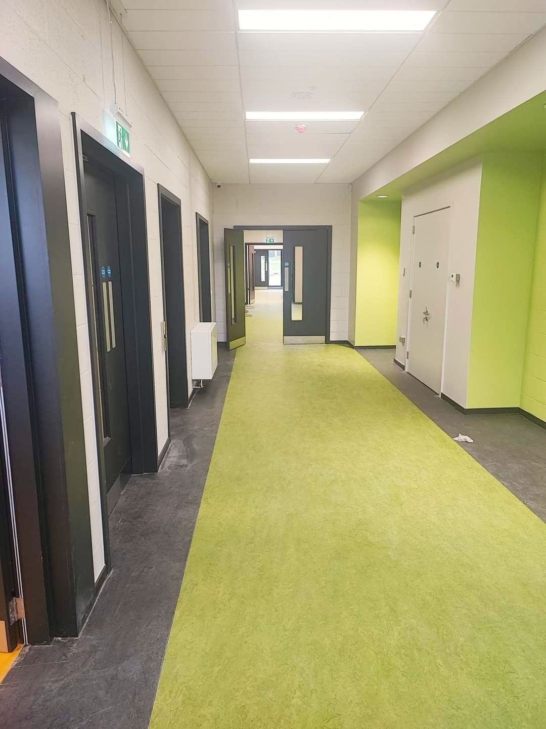 A long hallway with a green carpet and green walls.