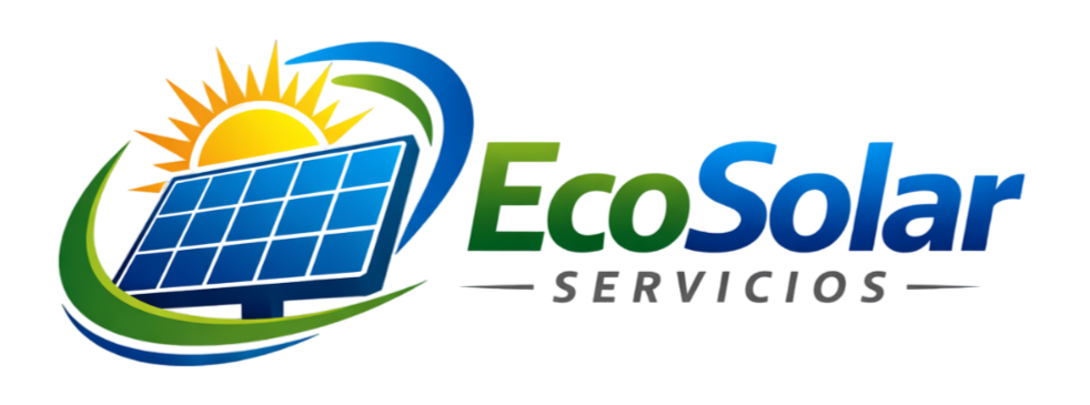 Logotipo de EcoSolar con sol, panel solar y líneas verdes y azules. Texto: EcoSolar SERVICIOS.