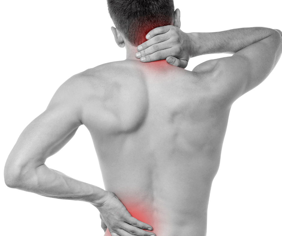 Picture of a man with pain in neck and lower back.