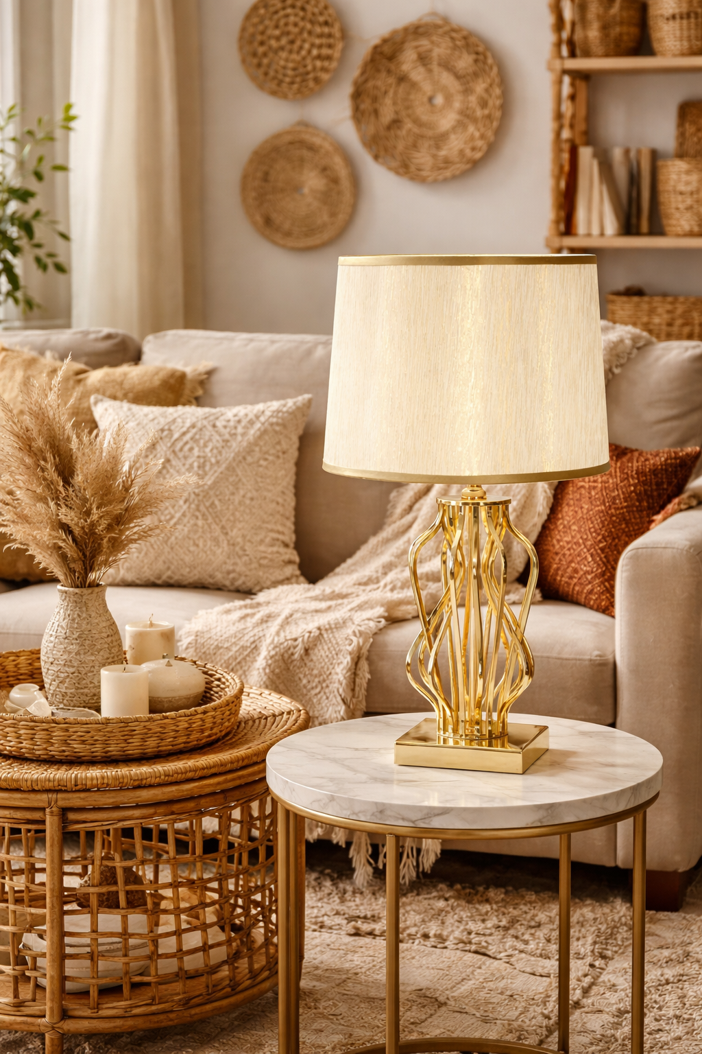 In un accogliente soggiorno dai toni neutri, con decorazioni intrecciate, una lampada da tavolo decorativa dorata è appoggiata su un tavolino in marmo.