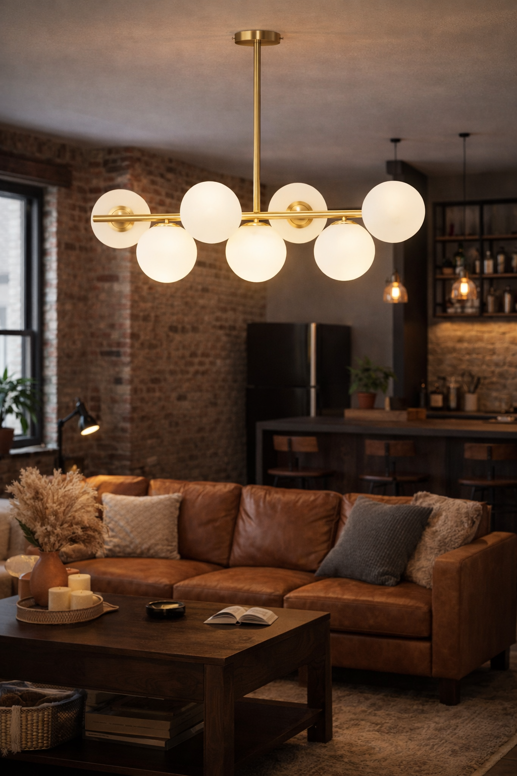 In un accogliente soggiorno-cucina con pareti in mattoni a vista, un lampadario a più sfere in ottone pende sopra un divano in pelle marrone.