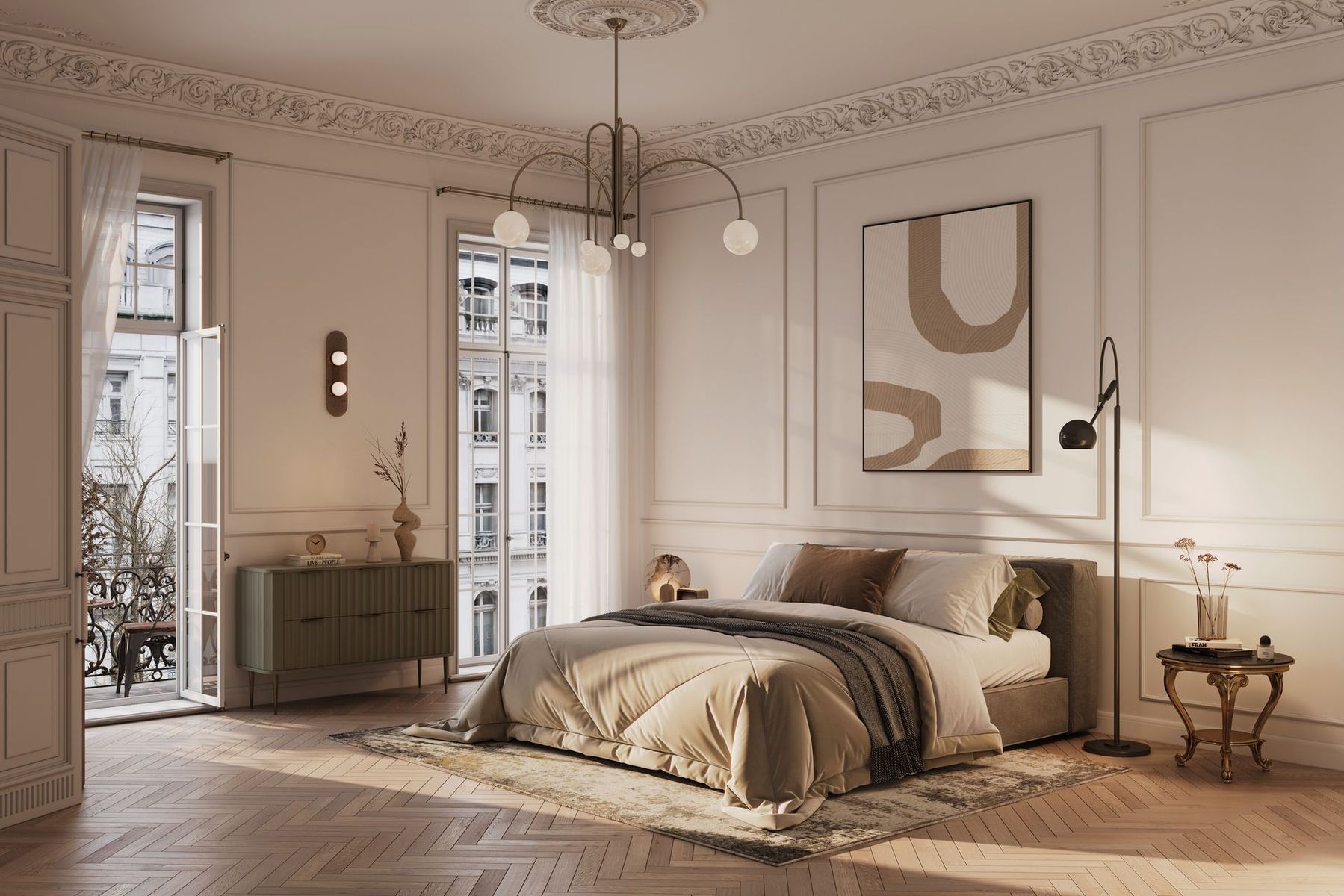 Una camera da letto serena e luminosa con letto matrimoniale, arredamento minimalista, tonalità neutre, pavimento a spina di pesce e balcone.
