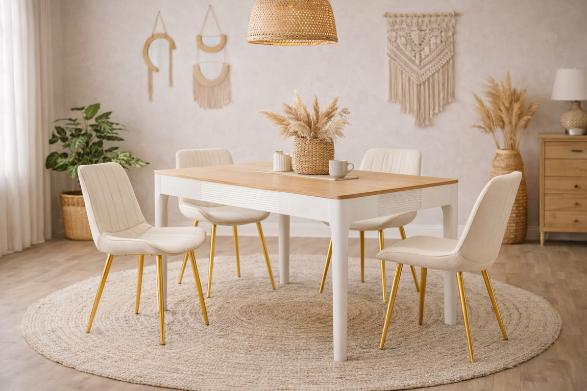 Un set da pranzo composto da un tavolo bianco e quattro sedie color crema con gambe dorate, disposto su un tappeto rotondo in una stanza luminosa in stile bohémien.