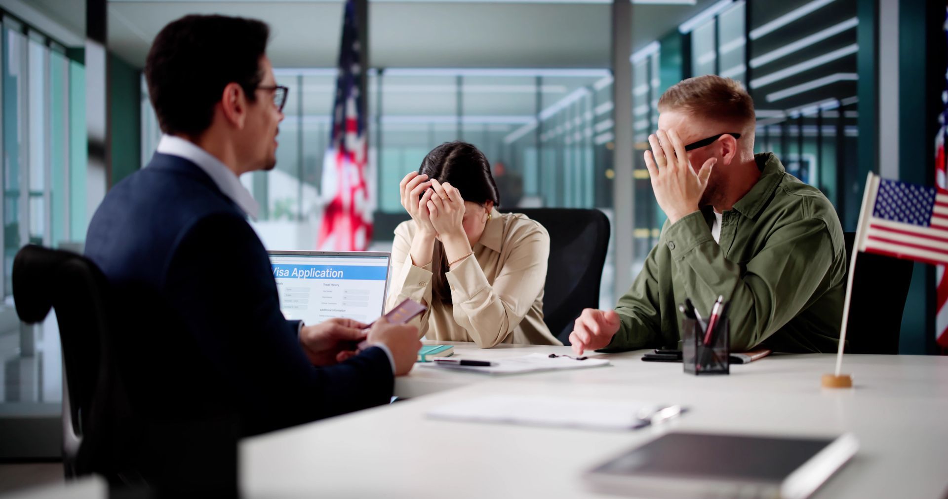 A professional sits at a desk facing a distressed couple in an office decorated with U.S. flags.