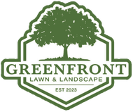 The logo for greenfront lawn and landscape shows a tree in a hexagon.