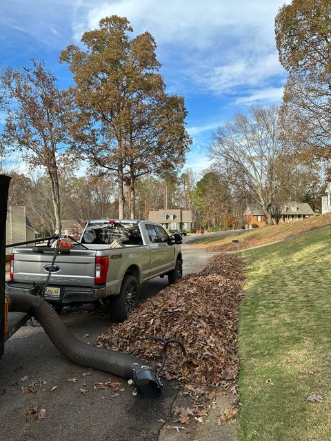 A truck is parked in a driveway filled with leaves.