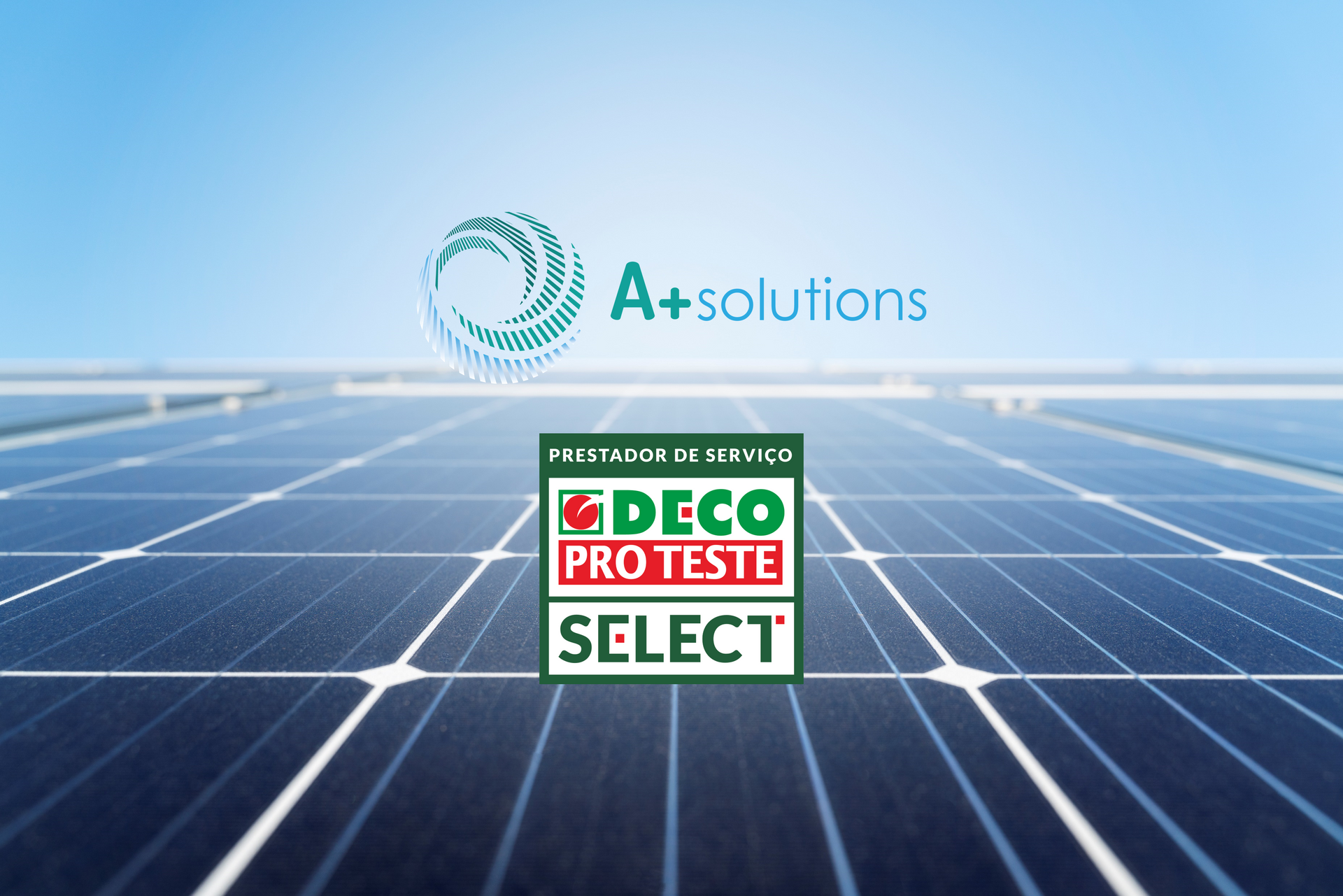 Logótipos A+ Solutions e Deco Select com Painél Solar como fundo