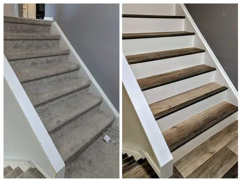 Before-and-after of a staircase transformation. The left shows carpeted stairs, while the right displays wood-look steps with white risers.