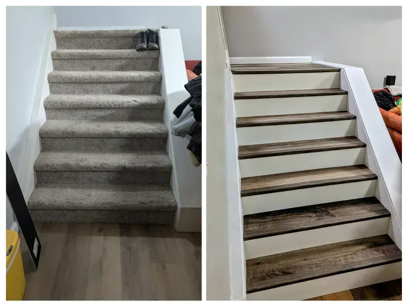 Before and after comparison of a staircase. The left shows carpeted stairs, the right shows the same stairs renovated with wood-look treads.