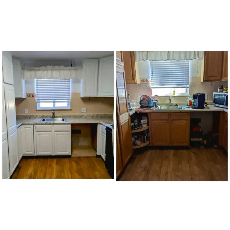 Comparison of two kitchen photos: one with white cabinets and the other with brown cabinets. Both have a window, sink, and appliances.