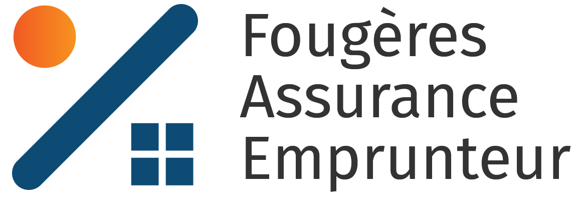 Logo de Fougères Assurance Emprunteur, avec un cercle orange, une ligne diagonale bleue et d'un carré bleu à quatre fenêtres.